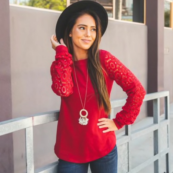 Tickled teal Tops - Tickled Teal dark red knit & lace top NWOT medium